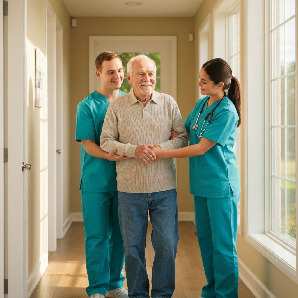Caregiver assisting elderly patient walking at home